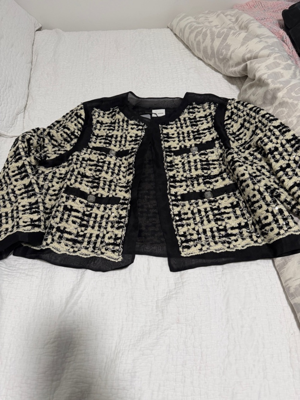 St. John Black and Cream Tweed Open-Front Jacket